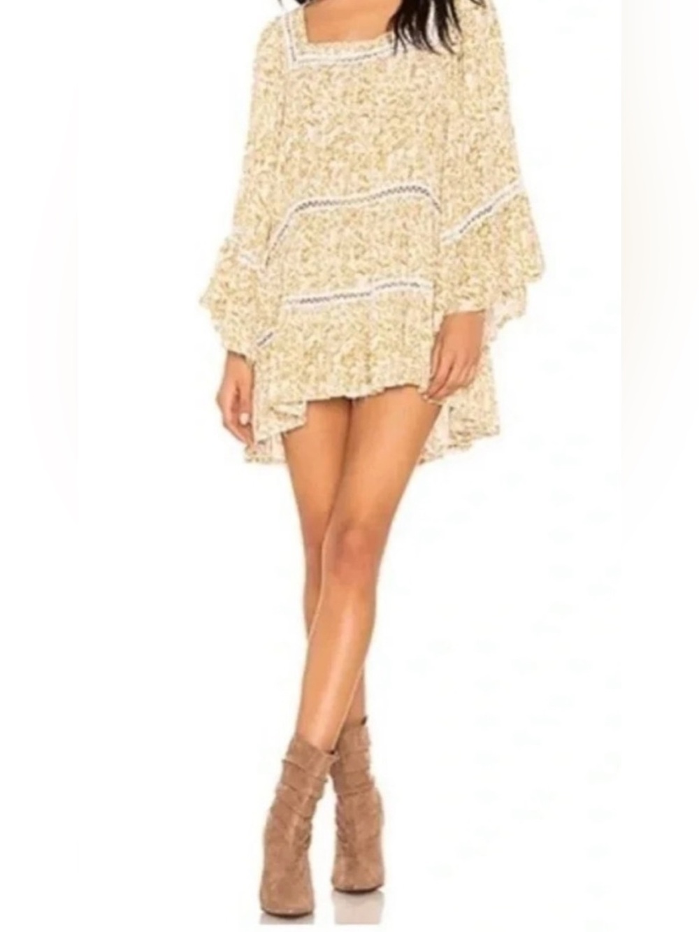 Free People Boho Floral Crochet Trim Tunic ~Dress in Mustard Ivory XL - Picture 9 of 9